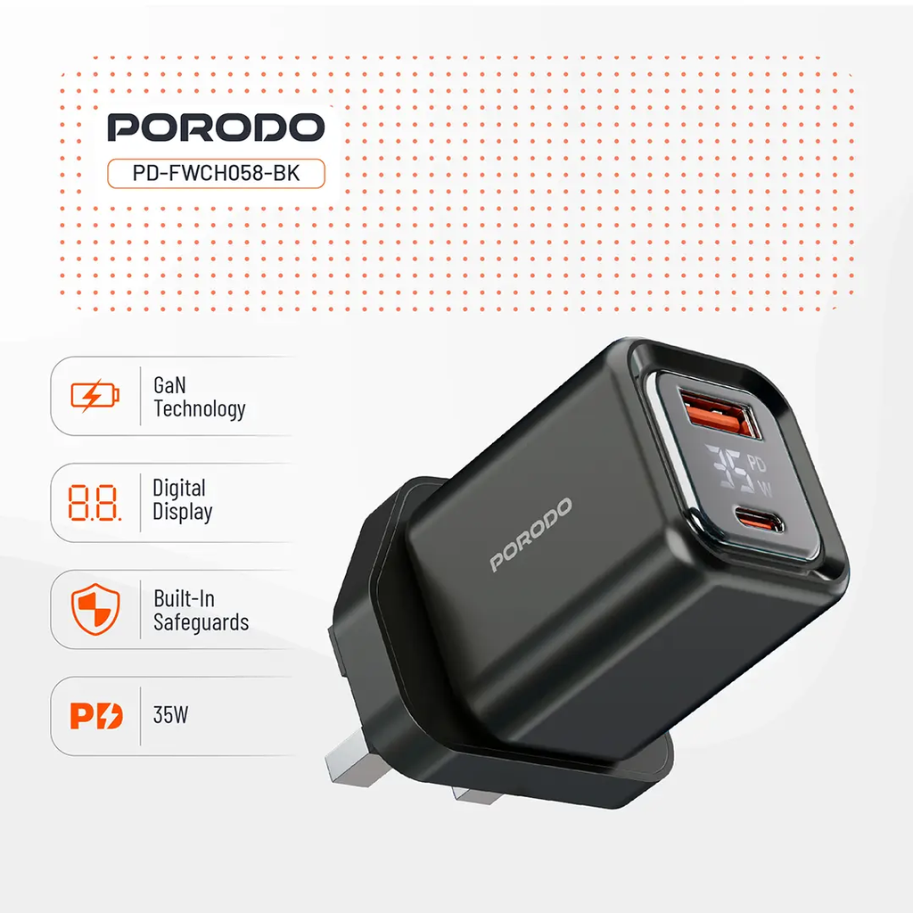 Porodo Dual-Port | Digital Display Quick Charger (with C to C - C to L Cable) - Black-2.webp
