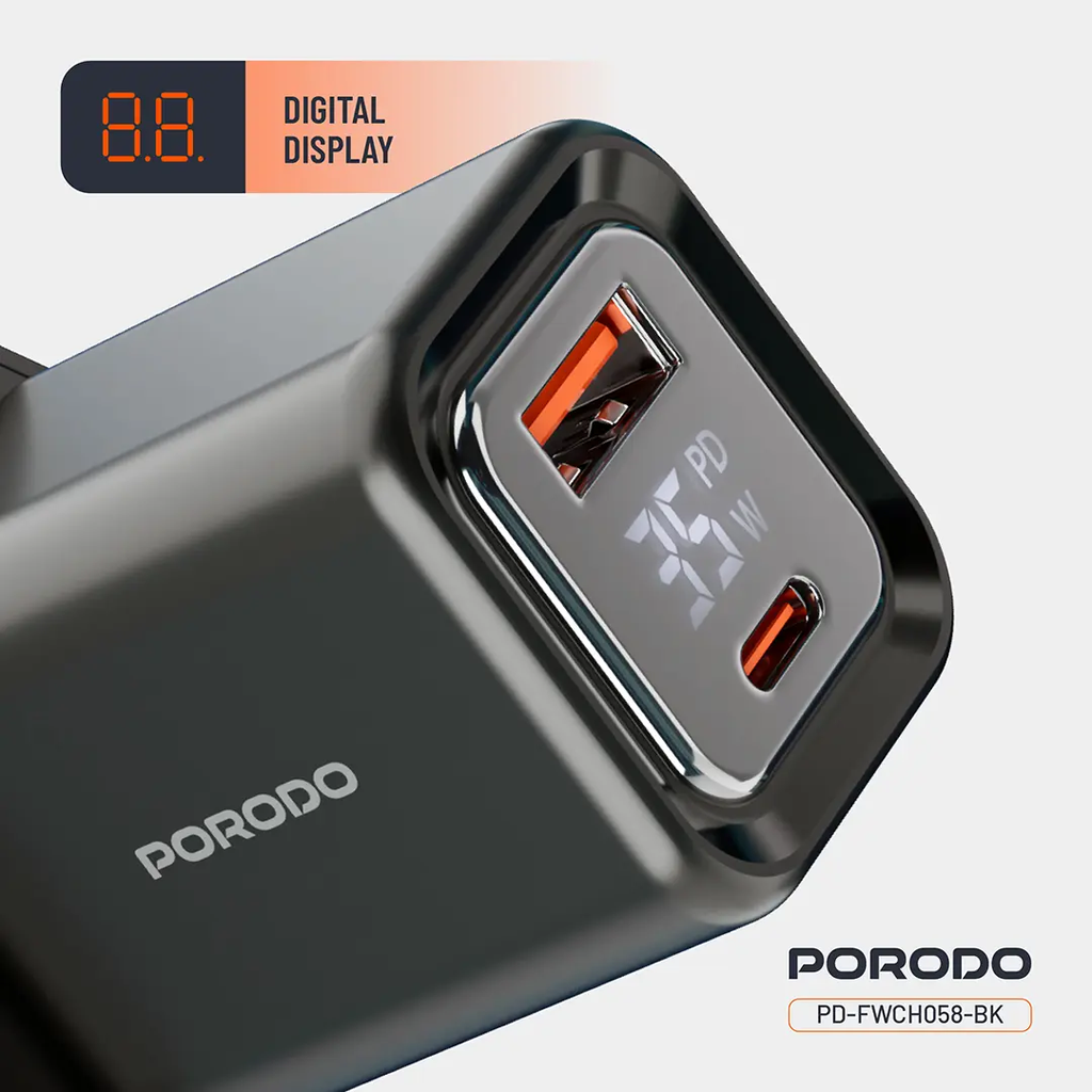 Porodo Dual-Port | Digital Display Quick Charger (with C to C - C to L Cable) - Black-4.webp
