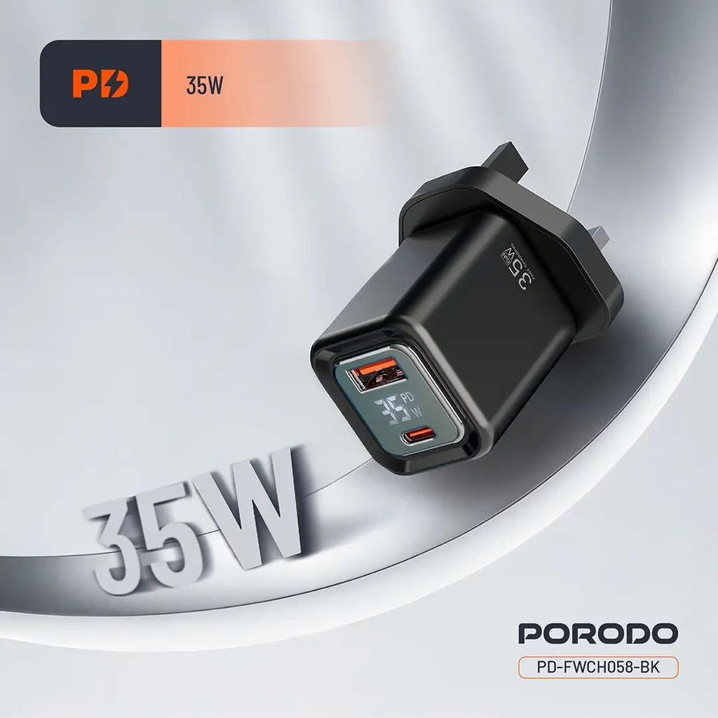 Porodo Dual-Port | Digital Display Quick Charger (with C to C - C to L Cable) - Black-6.webp